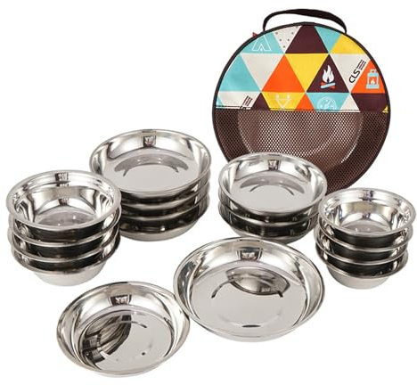 Juego de vajilla de acero inoxidable para camping (17 piezas), paquete familiar con tazones, platos y bolsa de transporte portátil. Ligero, perfecto para camping, senderismo, picnics y viajes
