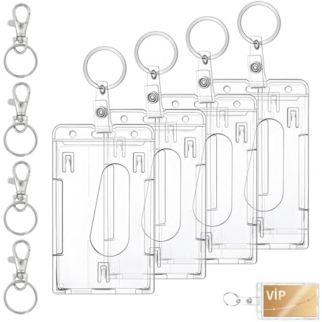 Lot de 4 Porte Badge Rigide Transparent avec Tour de Cou, Porte Carte Identité Double Face en Plastique PC Résistant, Protection Badge Idéal pour Bureau École Infirmière et Carte Navigo Bus Transport