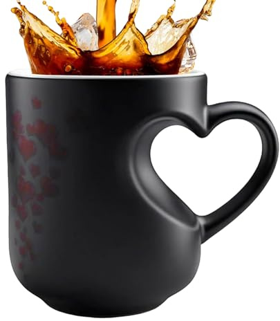 Giwnuq Heat Changing Coffee Mugs,325ml Heart Shape Beverage Cup,Ceramic Funny Coffee Mugs with Handle | for Couples Break Travel Party Evening Morning Work Kitchen Home