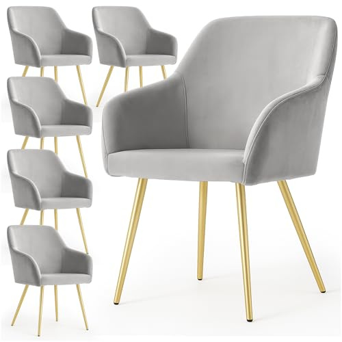 AKORD Lot de 6 Chaises en Velours Lissede Salle à Manger Estelle, Rembourrées avec Accoudoirs, Pieds en Métal Dorés, 58 x 54,5 x 83 cm, Gris