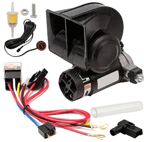 Air Horn Hupe 12V, Luftdruckhorn Set mit Kabelbaum und Druckknopf Schalter, Elektroauto Horns 12V 150db Fanfare Air Horns Kit für Fahrzeuge LKW Zug Auto Van Motorrad Boote SUV Wohnmobi