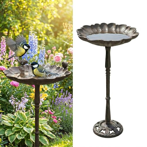 Relaxdays Vogeltränke, HxD: 52 x 31,5 cm, Gusseisen, antik, stehend, braun | Futter- & Wasserschale für Vögel, Blütenform