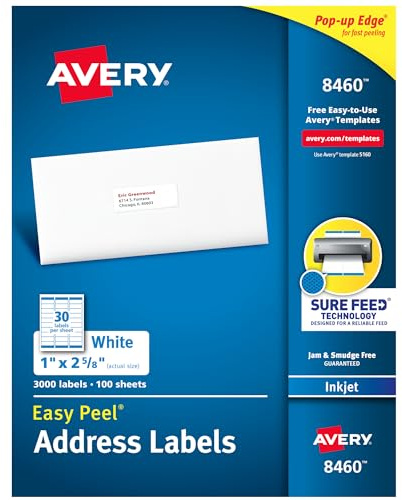 Avery Easy Peel Printable Address Labels with Sure Feed, 1 x 2-5/8 Customizable Stickers, White, 3,000 Blank Mailing Labels, Great for Mailing, Shipping, and More (8460)