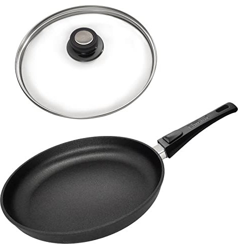 Eurolux leichte Guss-Pfanne Ø 28 cm Induktion Set mit Deckel aus Glas - flacher 4.5 cm Rand - Alugusspfanne mit abnehmbaren Stiel & Antihaft-Beschichtung - Made in Germany