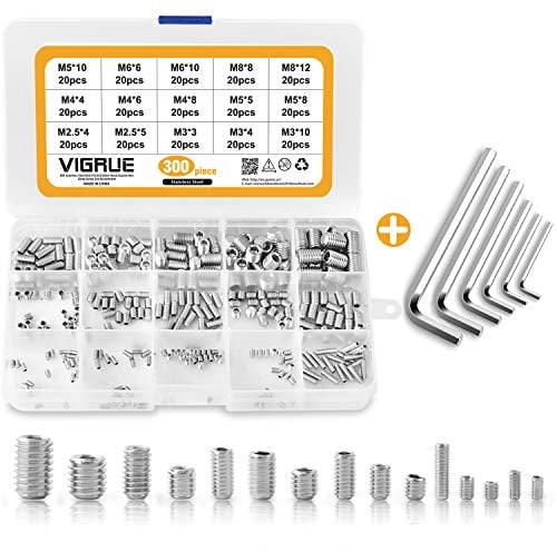 VIGRUE 300Stück Madenschraube M2.5 M3 M4 M5 M6 M8 Gewindestifte Schrauben A2-70 Edelstahl Sechskantkopf Schraube Sortiment Hex Grub Kopf Maschinenschraube Set(Silber)