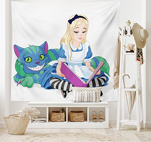ABAKUHAUS Alice im Wunderland Wandteppich, Alice Reading Book Cat Bunte Welt Glück Liebe Charakter Bild, aus Weiches Mikrofaser Stoff Wand Dekoration Für Schlafzimmer, 230 x 140 cm, Multicolor