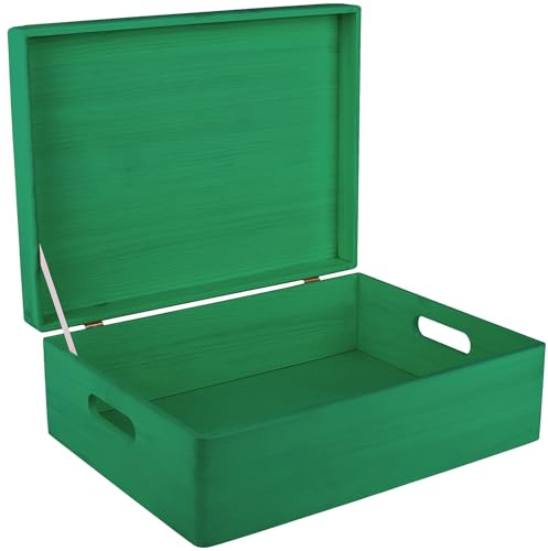 Creative Deco XL Large Green Plain Wooden Storage Box | 40 x 30 x 14 cm | (+/-1 cm) | Hinged Lid & Handles | Gift Christmas Xmas Box Storage | UNSANDED Wood Keepsake Memory Craft Chest