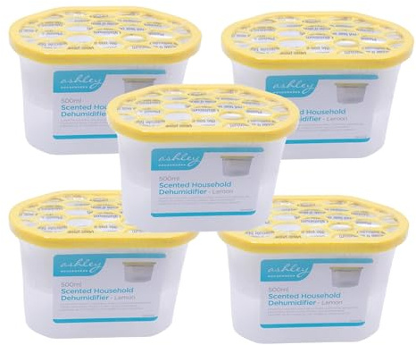 HomeZone 5 Pack 500ml Lemon Disposable Dehumidifiers – Moisture Absorber & Condensation Damp Traps for Home, Bedroom, Kitchen & Bathroom