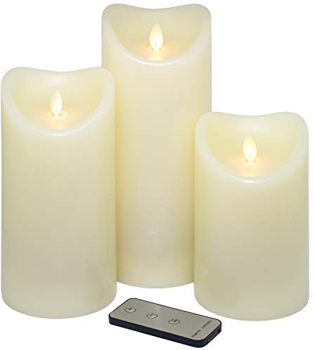 Tronje LED Echtwachskerzen 3er Set mit Timer u. Fernbedienung 15/19/23cm Kerzen mit beweglicher Flamme Creme-Weiß