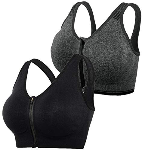 DODOING Zip Front Sports Bra Post Surgery Bra Yoga Bra Workout Fitness Activewear Racerback Padded Extra Support Seamless Bras for Women(2PCS)