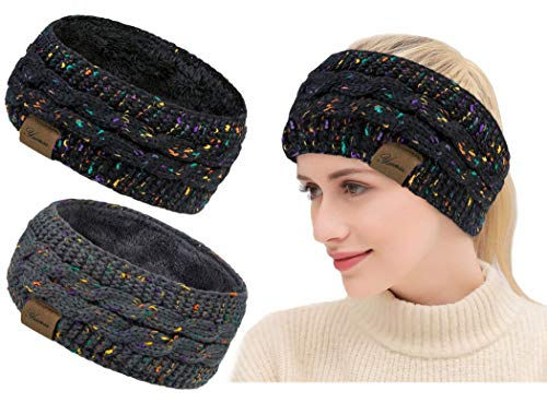 Winter Schleifen Stirnband Damen Gestrickt Warmes Stirnbänder Ohrenwärmer Kopfband Haarband Verdicken für Frauen Mädchen, Elastische Häkelarbeit Thermo Stirnband (Reines Schwarz, reines Grau)