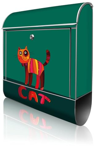 banjado Design Briefkasten personalisiert 38,5x46,5x13cm & 2 Schlüssel - Briefkasten Stahl Weiß Zeitungsfach pulverbeschichtet - Postkasten A4 Einwurf inkl. Montagematerial - Motiv Orange Katze