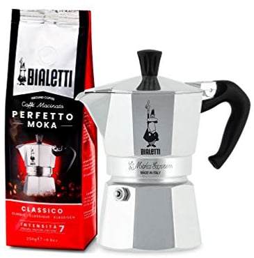 Bialetti Moka Easy Mokka-Kocher Express 3 Tassen Perfetto Moka (der ideale Kaffee für den Moka), Gemahlener Kaffee - CLASSICO Geschmack Klassisch, 250 g