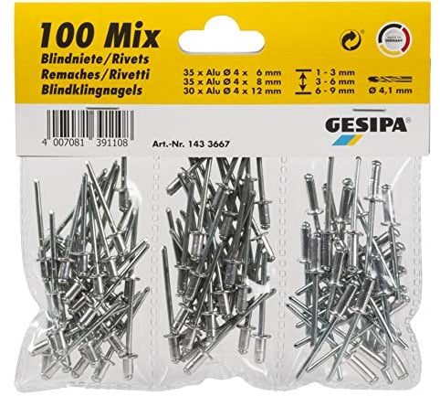 GESIPA | Blindnieten Set mit 100x Alu - Nieten| 35x Ø 4x6mm, 35x Ø 4x8mm, 30x 4x12mm | Für Materialstärke: 1,5-8,5mm | Nieten in Industrie-Qualität | Blindnieten Popnieten Hohlnieten von den Profis