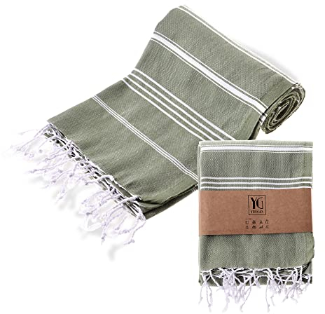 YENGAS Hamamtuch XXL, 95x175 cm, Oeko-TEX Zertifiziert, 100% Baumwolle, Großes Peshtemal Tuch, Badetuch für Spa, Sport, Yoga, Pilates, Reisen, Leicht & Platzsparend, Saunatuch, Strandtuch, Grün