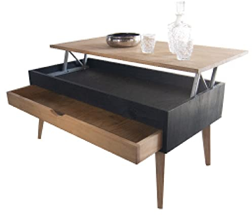 LoMasCasa Couchtisch aus der Sonka-Kollektion, höhenverstellbar, mit ausziehbarer Schublade aus natürlichem Massivholz, erhältlich in Holzfarbe, schwarze Basis mit konischem Bein, 100 x 50 x 48 cm