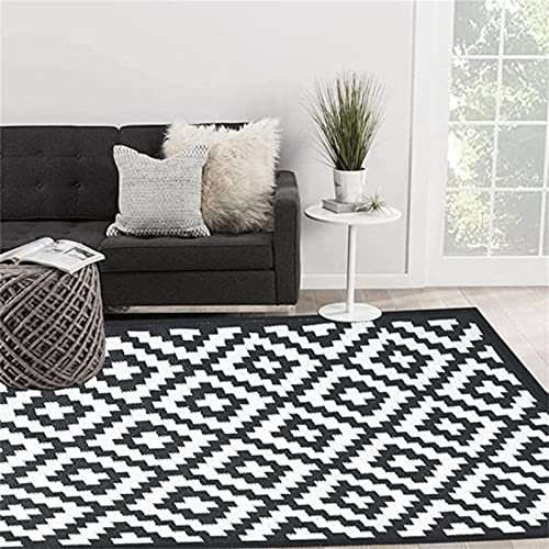 Enipate Geometric Outdoor Rugs for Garden Patios Clearance, 4x6ft Reversible & Easy Cleaning Decking Rug, Portable Comfortable Woven Waterproof Carpet (120x180cm, Black)