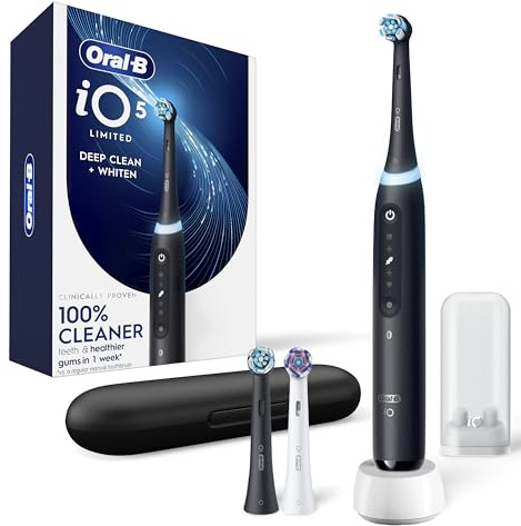 Oral-B Rechargeable Electric Toothbrush, iO5 Limited Deep Clean & Whiten, 5 Cleaning Modes, Visual Pressure Sensor to Protect Gums, Travel Case, 3 Brush Heads, Black