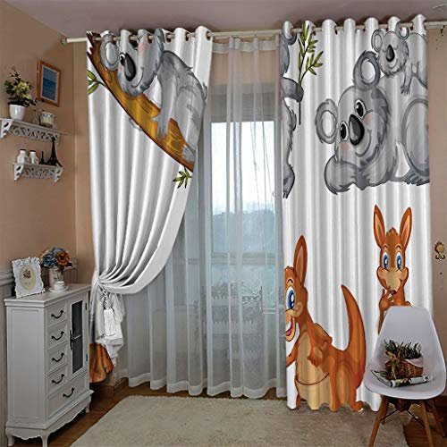 ZAPVI Rideaux Occultants Thermiques Koala et Kangourou Rideau Panneaux à Oeillets pour Fille & Garçon/Insonorisation Isolation Lumineux Prêt à Poser, Taille: 2xL110xH215cm