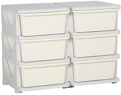 HOMCOM Kids Storage Units with 6 Drawers 3 Tier Chest Vertical Dresser Tower Toy Organizer for Nursery Playroom Kindergarten Cream