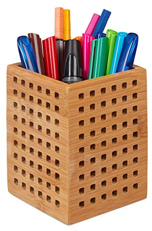 Relaxdays Pot à Crayon Bambou, Lot de 2, Porte-stylos Bois, pour Ciseaux, Style Maison de Campagne, HxLxP 11,5 x 9 x 9 cm, Nature