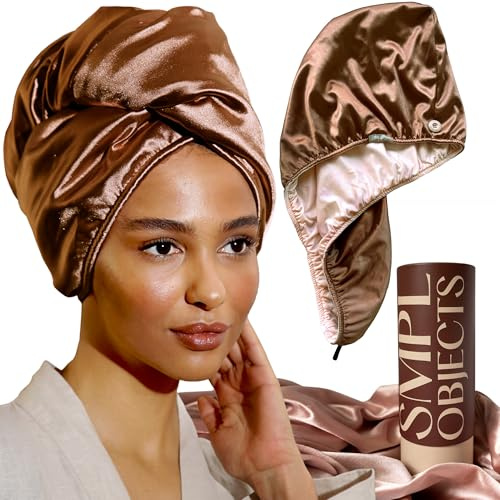 SMPL objects Satin Hair Wrap Towel, Double Layer Curly Hair Turban Towel for Women - Satin Hair Drying Towel for Curly Hair (Bronze)
