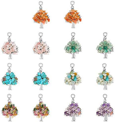 SUPERFINDINGS 28 Pz Lega Albero della Vita Ciondoli 7 Stili Chakra Stone Ciondoli Natural Gemst1 Chip Perline Ciondoli Ciondoli per Collana Bracciale Creazione di Gioielli, Foro:4~4.5mm