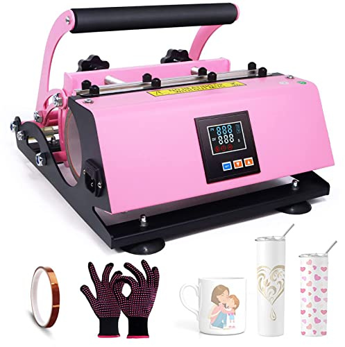 Tumbler Mug Heat Press Machine DIY Mug Cup Heat Transfer 110V Pink for 11OZ-30OZ Sublimation Skinny Straight Tumblers Glass Jar Heat Transfer Print with Heat Tape Gloves