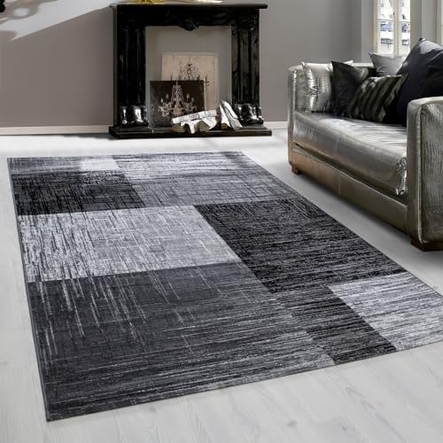 Teppium Moderner Kurzflor Teppich Wohnzimmer 300x400 (280 x 370 cm) Schwarz - Waschbarer Teppich, Abstrakt Kariert Design, Pflegeleicht, Weich - Ideal für Schlafzimmer, Esszimer und als Küchenteppich