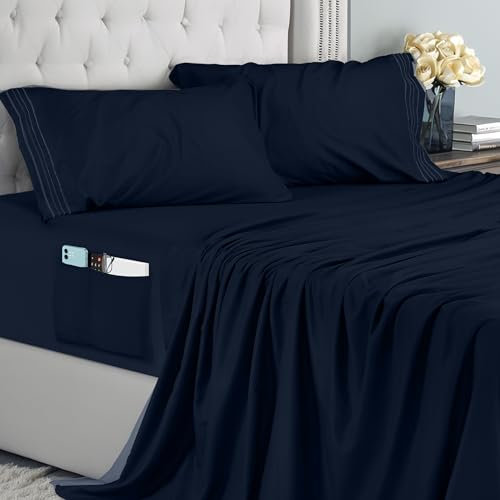 Utopia Bedding Juego de Sabanas 4 Piezas 135x190 - Microfibra De Poliéster, Sábana Bajera con Bolsillos de Almacenamiento, Sábana Plana Y 2 Fundas De Almohada Bordadas (Cama 135, Azul Marino)