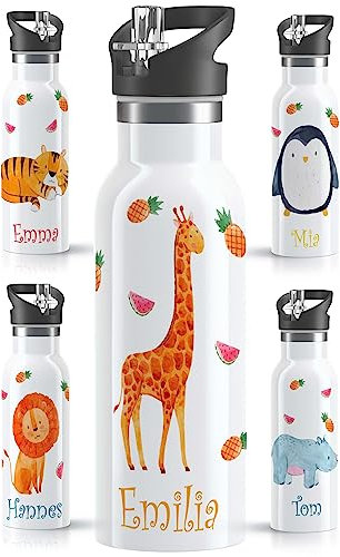 OWLBOOK® Edelstahl Trinkflasche Kinder personalisiert | Wasserflasche mit Strohhalm | 600 ml | Sportdeckel | Spülmaschinenfest | Schule Schulanfang Geschenke Einschulung Junge Mädchen | Giraffe