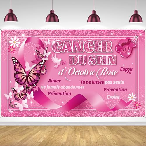 DPKOW Sensibilisation Cancer du Sein d'Octobre Rose Bannière Décoration, Toile de Fond Bannière pour Ruban Rose Octobre Intérieur Extérieure Décoration, Rose Octobre Activité Photobooth, 185 * 110cm