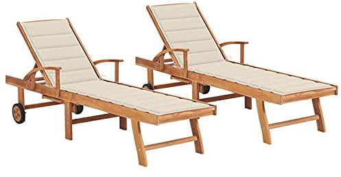 LAPOOH Sonnenliegen 2 STK. Gartenliege, Liegestuhl, Sonnenstuhl, Sonneninsel Outdoor, Liegen, Gartenmöbel, Bäderliege, Relaxliege, mit Creme Auflagen,Massivholz Teak
