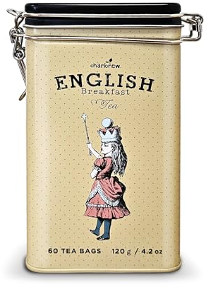 Charbrew Alice In Wonderland Crown English Breakfast Metal Tea Tin Caddy Gift – 60 Teabags Black Tea
