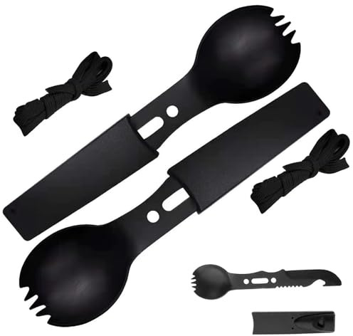 ZAXINA 2pc Camping BesteckSet Mit Pfeife, Tragbares 4-in-1 Edelstahl Besteck Für Reise Camping Geschirr, Flaschenöffner, Messer, Gabel Und Löffel Kombi Outdoor Besteck Set