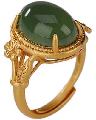 Lllunimon Frau Jade Ring, 925 Sterling Silber Natürliche Grün Hetian Jade Einstellbare Ringe, Schmuck Geschenke für Frau Mama Freund,Gold