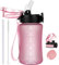 GOPPUS 350ml/12oz Kids Water Bottle With Straw Tritan Drinks Bottle with Strap Small Toddler Juice Bottles with Flip Top Lid Leakproof Children's Bottles with Time Marking Spillproof BPA free Girl Boy
