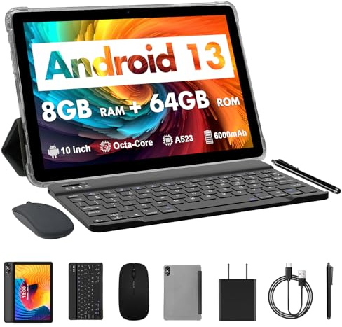 VASOUN 10-Inch Android 13 Tablet, (4+4GB Expand) RAM 64GB Storage 2 in 1 Tablets with 2.4/5G WiFi, BT 5.0, Leather Case, Keyboard,Mouse, Stylus PC (Grey)
