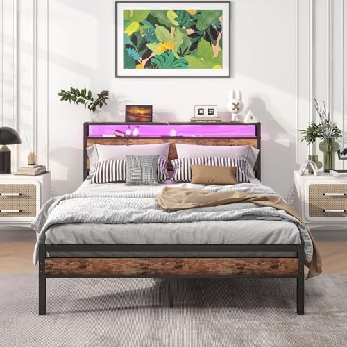 BORPHOM King Size Bed Frame with Storage Wooden Headboard and Charging Station/LED Lights,Metal Platform Bed Frame King Size Bed Base No Box Spring Needed,Strong Slats Support,Noise Free,Black+Brown
