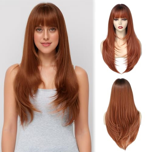 PARXITN Perücke für Frauen 60cm Lange Gerade Haar perücken mit Fransen Orange Mode Natürlich Aussehende Synthetische Haarperücke für Tägliche Party Tragen