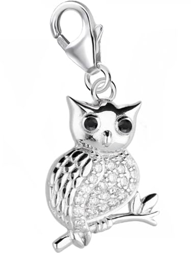 Goldene Hufeisen Charm Anhänger Eule auf Ast 925 Silber Zirkonia Vogel