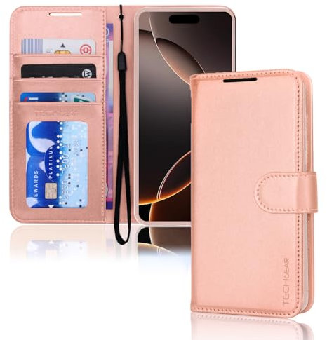 TECHGEAR iPhone 16 Pro Max Leather Wallet Case, Protect Flip Case Cover [RFID BLOCKING] Wallet Card Holder, Stand & Wrist Strap, Rose Gold PU Leather with Magnetic Closure for iPhone 16 Pro Max 6.9