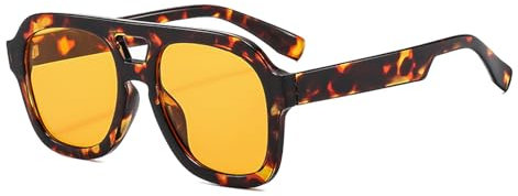 Long Keeper Retro Pilot Sunglasses for Men Women Double Bridge Aviation Square Sunglasses 70s Fashion Classic Sun Glasses Vintage Shades UV400 Protection (Leopard Frame/Orange Lens)