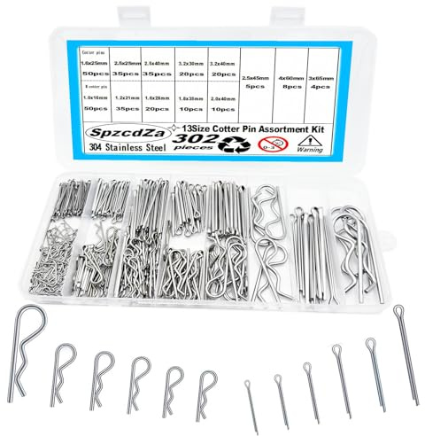 Cotter Pin Assortment Kit,SpzcdZa 302pcs 13 Size Cotter Pins Assortment Kit 304 Stainless Steel R Clips Hardware Pins & Hairpin Cotter Pins Set for Trucks, Engine Repair