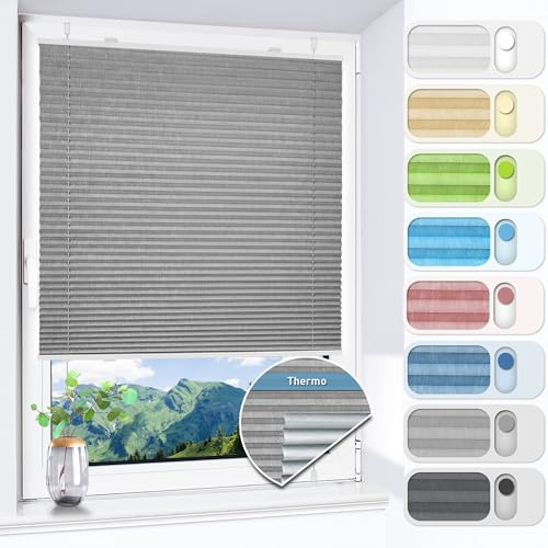 HOMEDEMO Plissee ohne Bohren verdunkelung, Thermo Plisseerollo Klemmfix, Hellgrau 90x220cm(BxH) Verdunklungsplissee 100% lichtundurchlässig für Fenster, Blickdicht Sichtschutz Sonnenschutz
