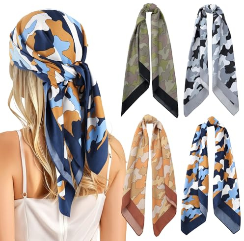 4 Stück Kopftuch Damen Weich Quadratisch Seidenschal Quadratischer Schal Seide Kopftuch Bandana Geschenk für Frauen 90*90cm,Camouflage