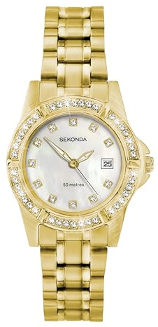 Sekonda Sienna Womens Analogue Watch 28mm dial | 50 Metres Water Resistance, mineral glass crystal, folding clasp, mother of pearl dial, date display, ion-plated case
