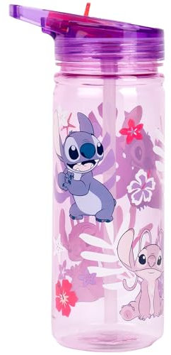 Disney Stitch Bouteille d'eau avec paille 100% étanche et durable, en plastique solide et sans BPA, 580 ml, rose