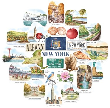 Navy Peony New York State Sticker-Set — großformatig, handillustrierte Aquarell-Motive, glänzend & wasserfest — für Koffer, Laptop & Wasserflasche (28-teilig)