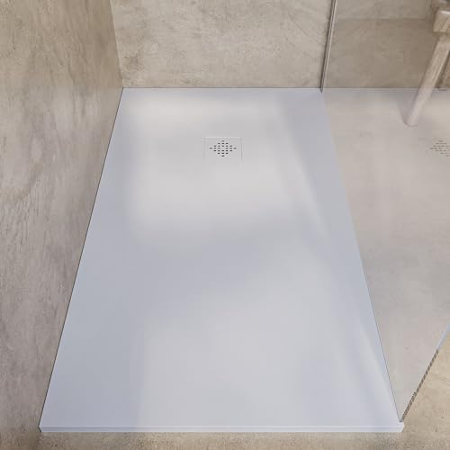 SoulHome Duschwanne Kunstharz 150x70 Weiß Farbige Ablaufgitter | Rutschfest C3, extraflach, Mineralguss, Schieferstruktur, antibakteriell, Gel-Coat-Beschichtung, inklusive Ablaufgarnitur